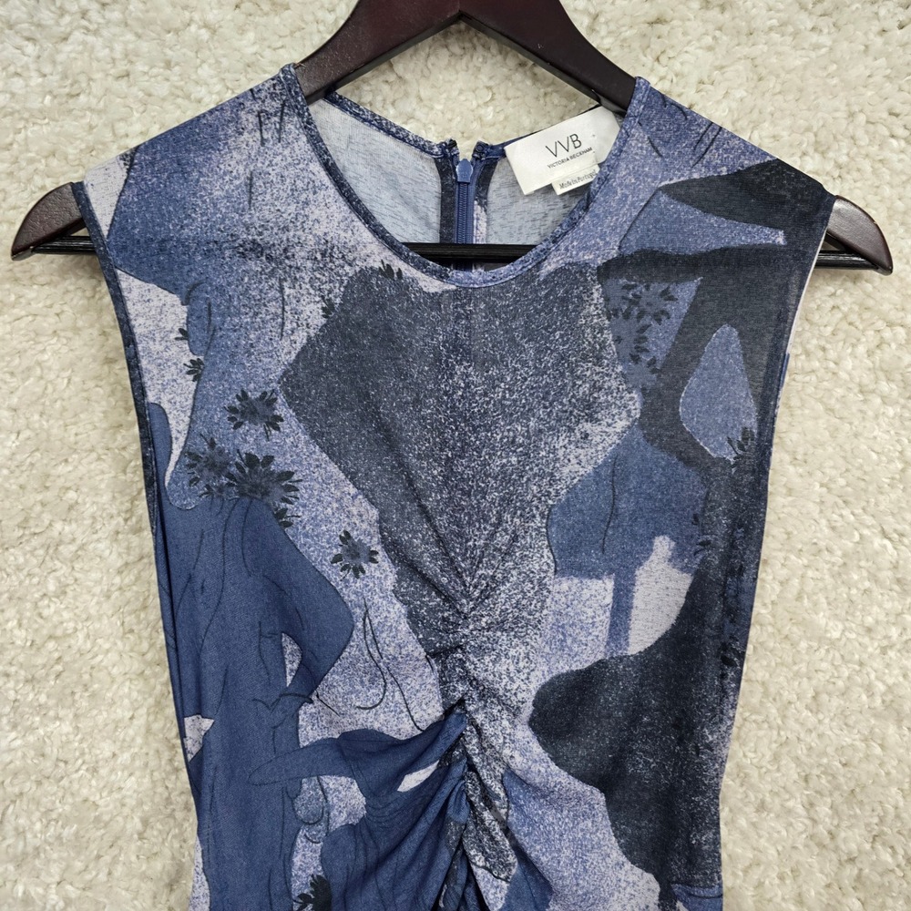 VVB Victoria Beckham Abstract Print Ruched Midi Dress Medium Sheer Sleeveless - Picture 4 of 14
